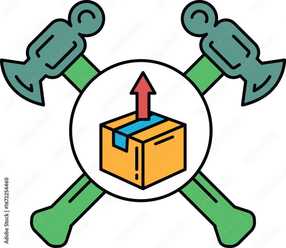 Poster a hammer and a box with a red arrow pointing upwards