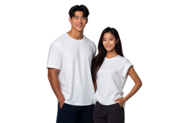 Young Asian couple smiling in white T-shirts, perfect for showcasing apparel, isolated on transparent background