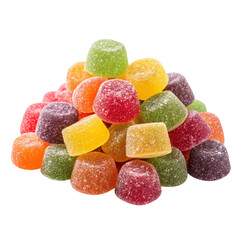A colorful pile of assorted fruit flavored gummy candies isolated on transparent background
