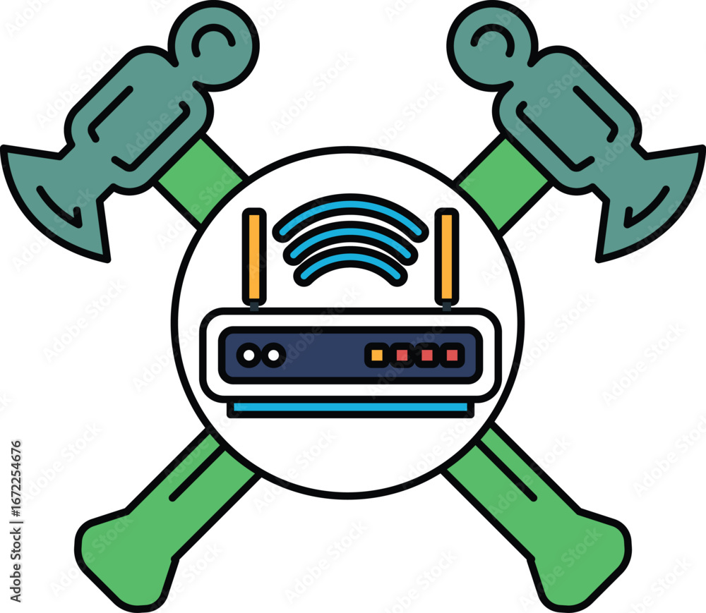 Poster a logo for a wifi router with a hammer and anvil in the background