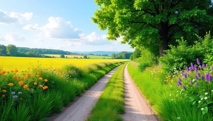 A picturesque country lane, lined with lush greenery and vibrant wildflowers, leading to a distant horizon Perfect for idyllic, romantic, or travel themes , peaceful, vibrant, journey