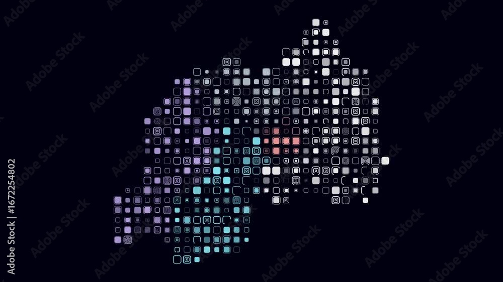 Poster rwanda animation. shape of the country with pulsating colored dots. large size rounded square blocks