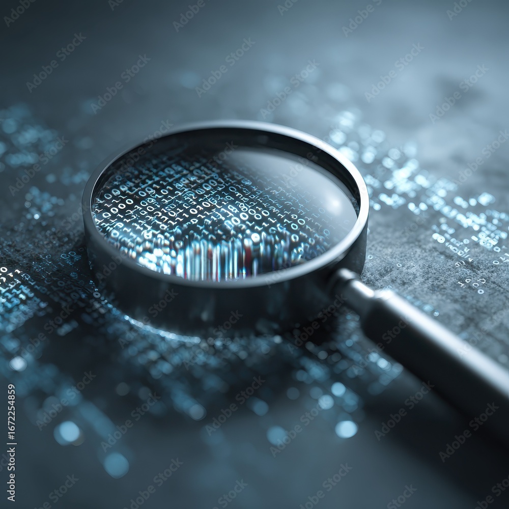 Poster a detailed it security risk assessment concept depicted with a magnifying glass focused on digital b