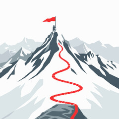 Person on mountain peak with red flag and winding path