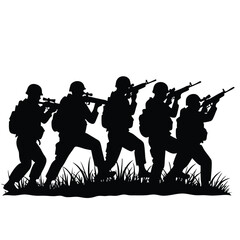 Five soldiers in silhouette advancing with rifles military