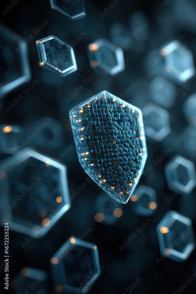 Poster abstract digital hexagonal shield with glowing technology elements