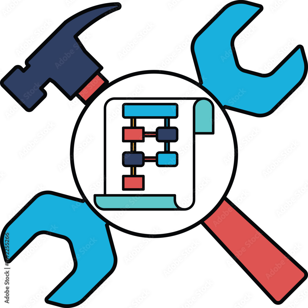 Poster a hammer and a wrench are on a piece of paper with a diagram on it