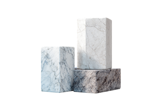 Geometric marble blocks stacked for display isolated on transparent background