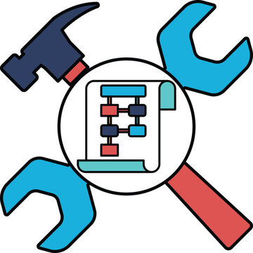 A hammer and a wrench are on a piece of paper with a diagram on it