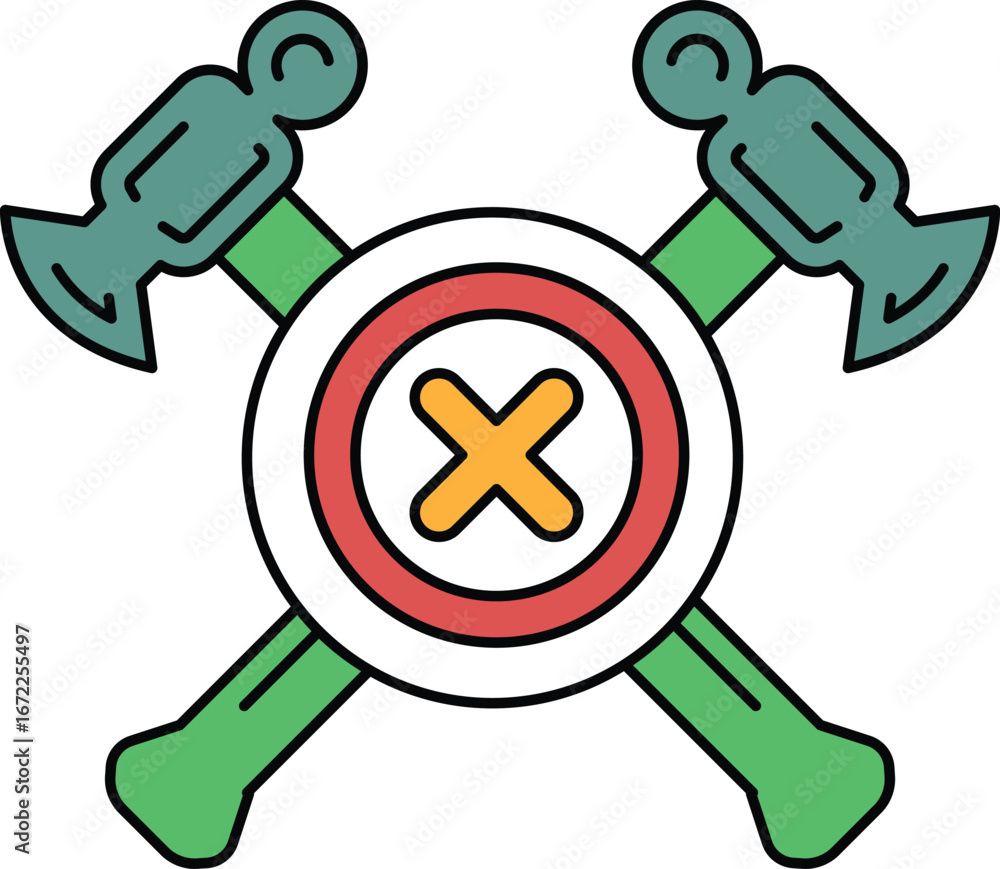 Poster a red and white x with two green hammers on either side