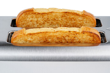Toaster. Toaster for 2 slice bread, bagel, bun, toast. Toaster of brushed stainless steel, aluminum. Cooking toasted sliced bread for morning meal, breakfast. Electric kitchenware. Isolated background