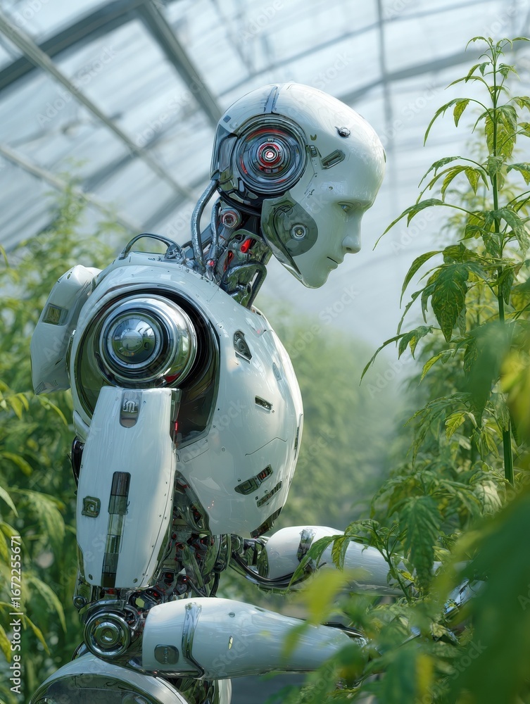 Poster a humanoid robot observes and interacts with plants in a greenhouse setting illustrating the evolvin