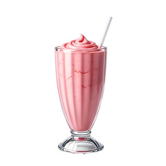 Strawberry Milkshake in Glass with Straw on White Background.