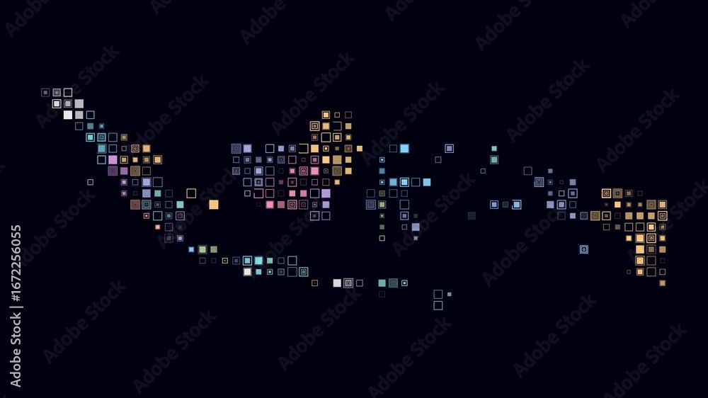 Poster indonesia map animation. shape of the country with pulsating colored dots. small size square blocks.