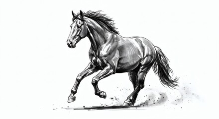Elegant Horse Drawing A Detailed Black and White Illustration of a Running Equine, Art Print