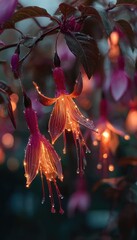 Fuchsia flowers, lit by soft light, droplets