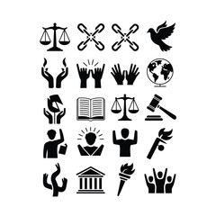 Black and white vector bundle of justice and freedom icons with scales, broken chain, raised hands, peace dove, globe and courthouse