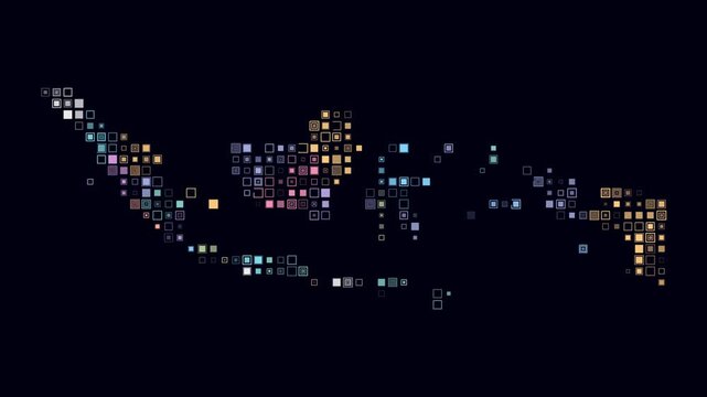 Indonesia map animation. Shape of the country with pulsating colored dots. Small size square blocks. Digital style Indonesia map on dark background. Amazing video.