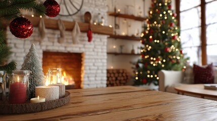 Empty wood table with Christmas decorations on tray, glowing fireplace, festive tree in background. Cozy domestic setting for holiday season.