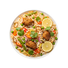 Delicious Chicken Biryani with Lemon and Cilantro Overhead View.