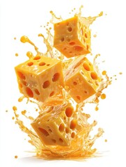 cubes of cheese exploding with liquid splash against a white background