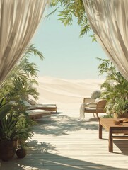 Fototapeta premium desert oasis patio view tranquil relaxation sunlit minimalist design calming background for spa resort marketing