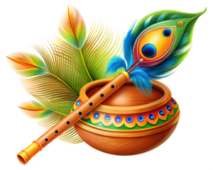 traditional Indian flute with colorful peacock feather illustration isolated on white background. PNG Transparent file type with high definition quality And vibrant color grading Available.