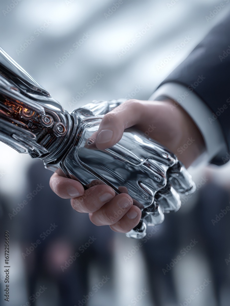 Poster futuristic business partnership with handshake between human and robot symbolizing artificial intell