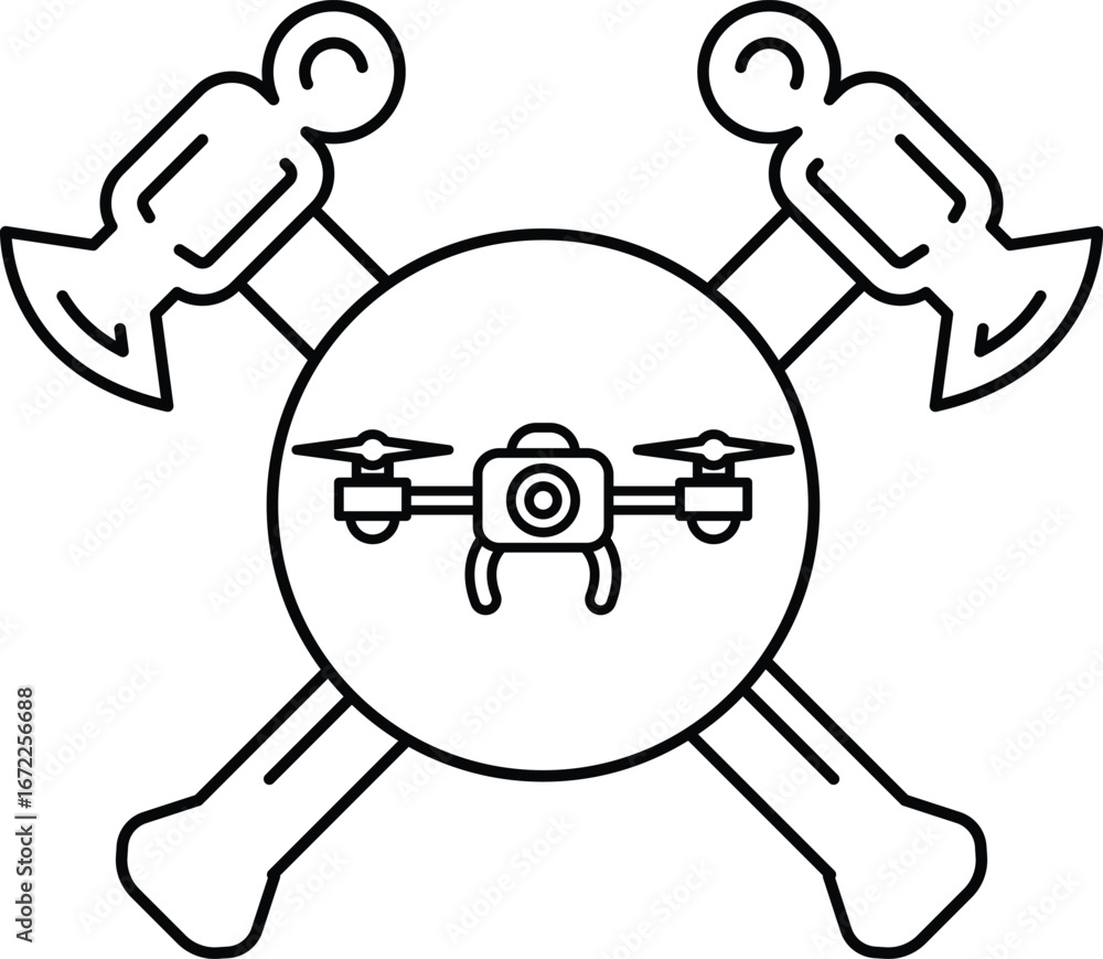 Poster a black and white drawing of a skull with a cross and a drone