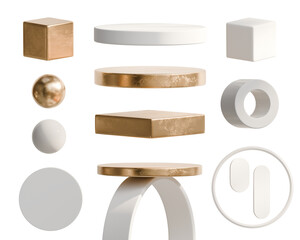 White and Gold podium set and decoration isolated background 3d rendering	

