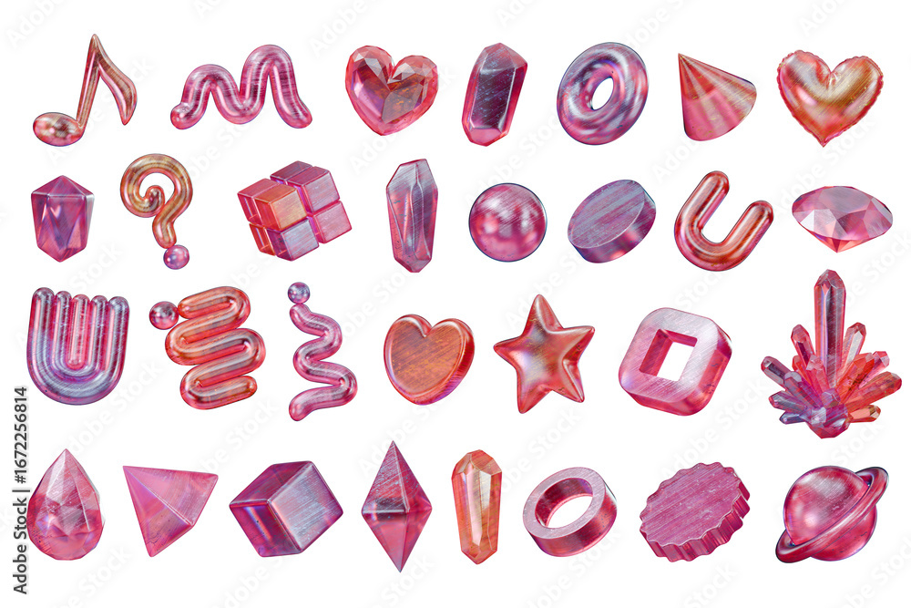 Poster pink crystal objects decoration set pack isolated background 3d rendering