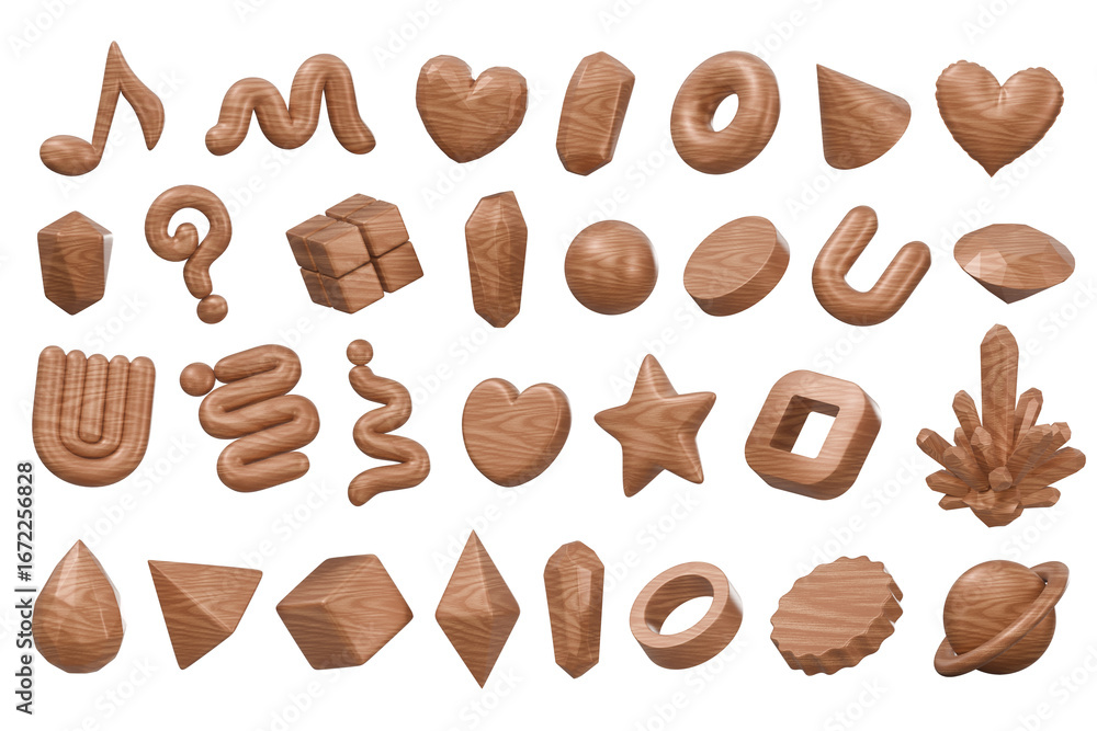 Fototapete wood object geometry shape set isolated background 3d rendering