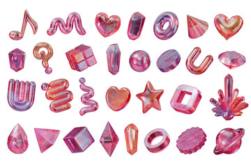 Pink crystal objects decoration set pack isolated background 3d rendering	
