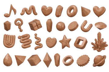 Wood object geometry shape set isolated background 3d rendering	
