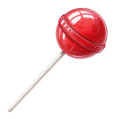 A bright red round lollipop with a white stick isolated on transparent background