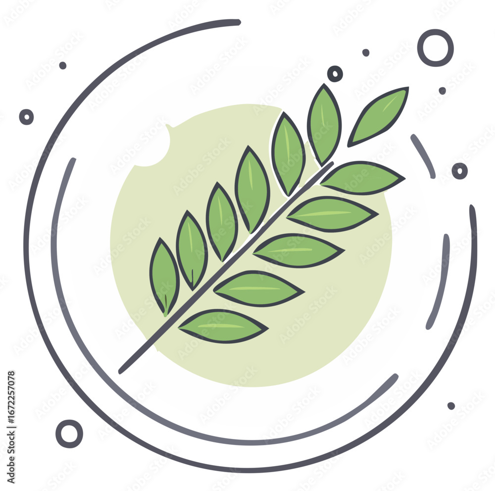 Poster green leaf illustration in a circular design with abstract elements.