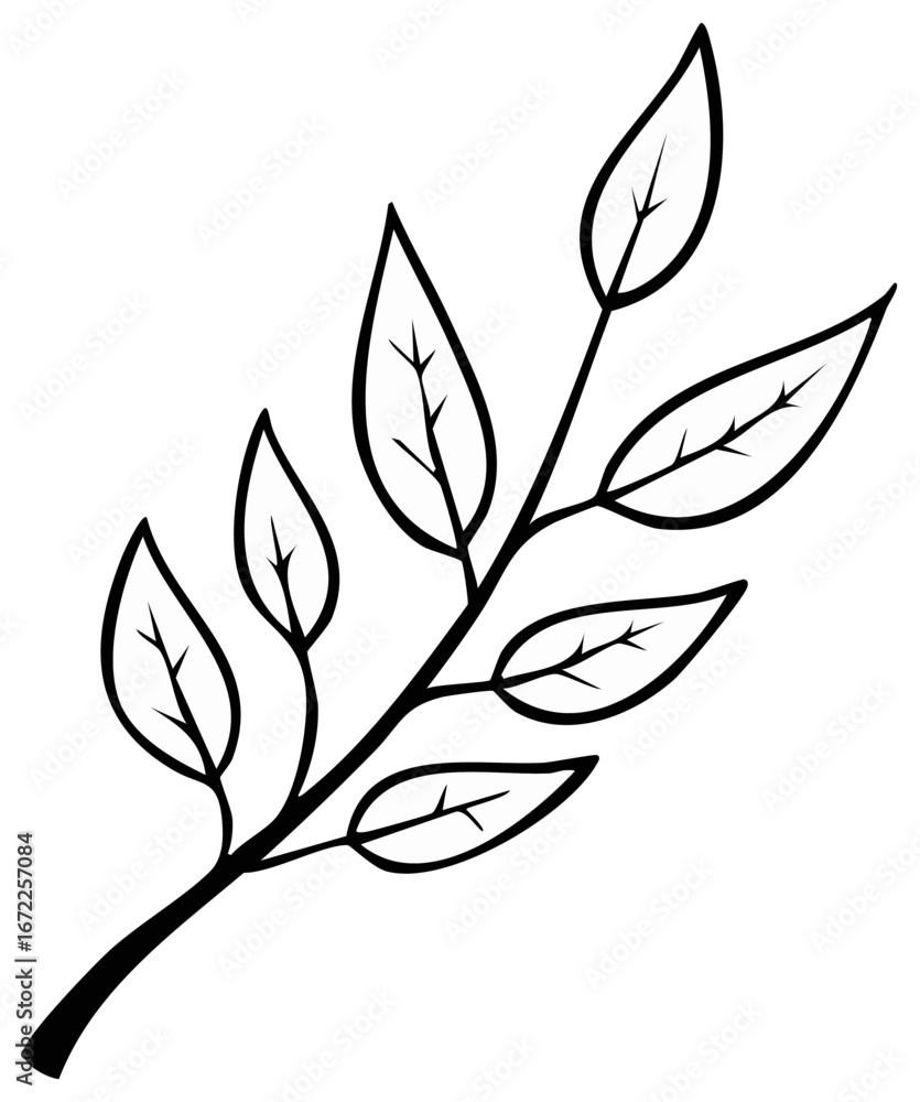 Poster minimalist black and white line art drawing of a botanical branch with multiple simple leaves