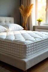 Luxurious Plush Mattress on White Platform Bed, Bathed in Sunlight, Ready for a Peaceful Nights Sleep in a Cozy Home