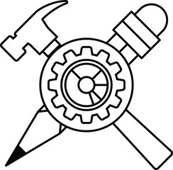 A black and white drawing of a hammer, a pencil, and a wrench