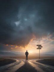 Obraz premium businessman standing at crossroads with directional signs choosing between freedom and job dramatic landscape with storm and sunrise decision making path concept