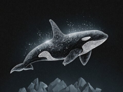 Monochrome Line-Art Orca Above Stylized Mountains in Starry Night, Graphic Design, Digital Illustration, Dreamy, Peaceful, Gigapixel Detail
