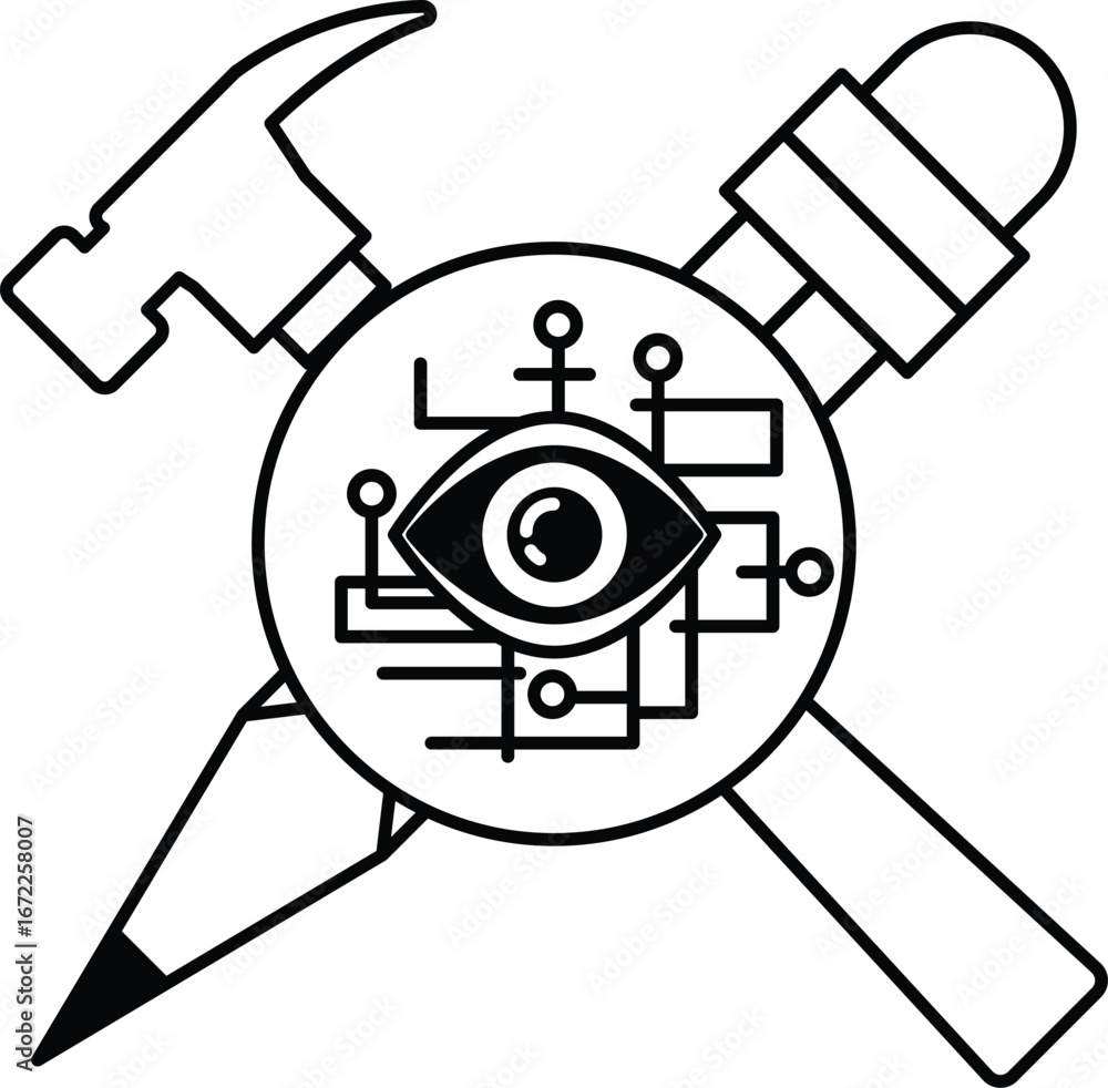 Poster a hammer and a pair of scissors are crossed over a black circle with an eye in t