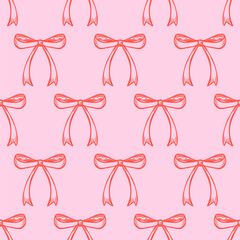 Red bow ribbon seamless pattern. Vector hand drawn sketch illustration. Festive romantic doodle pink background