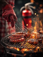 backyard bbq with grill master wearing gloves fire extinguisher man grilling sausages on open flame barbecue outdoor setting with fire extinguisher concept of safe cooking
