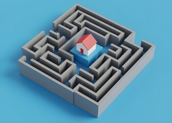 A house in the middle of a labyrinth mazes. Difficulty in buying your own home. Infrastructure and transport system, laying a route. Obstacles to homeownership and bureaucratic complexity
