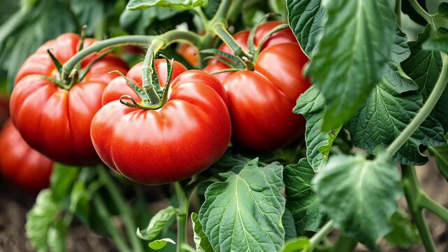Tomato plants thriving on their branches in the foreground of a greenhouse scene.