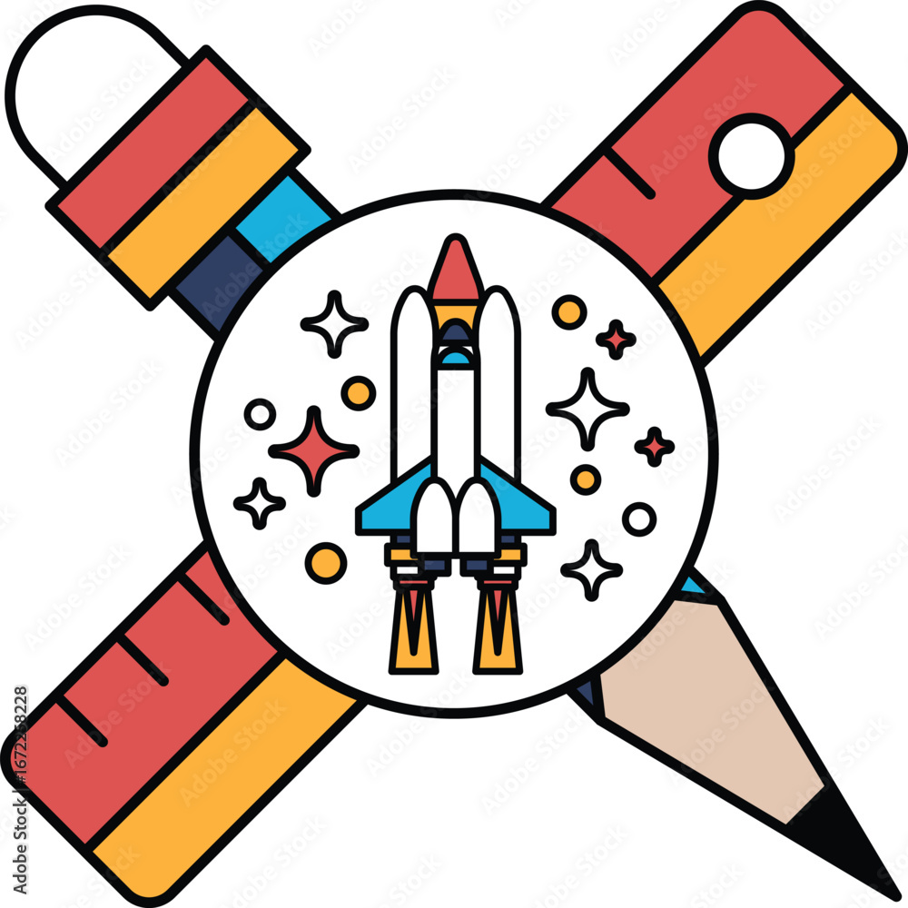 Aufkleber a rocket is on a white background with a ruler and pencil
