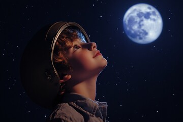 Boy astronaut dreaming under starry sky with moon