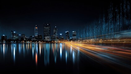 Night city skyline with digital code and light trails