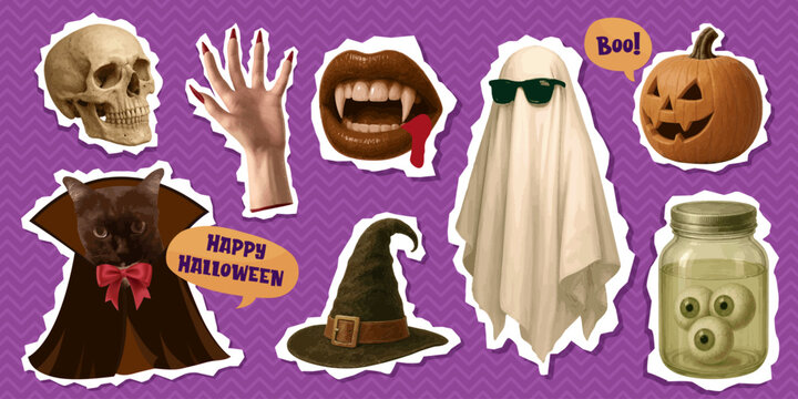 Spooky Halloween Collage Skull, Ghost, Vampire, Pumpkin and Witch Elements. vector illustrations.